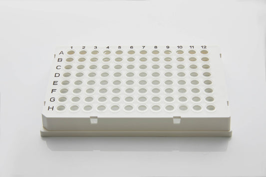 PCR10-NS: 96 well PCR plate, 0.1ml/0.2ml, white, clear, no/semi/full skirt, 10/box, 100/cs